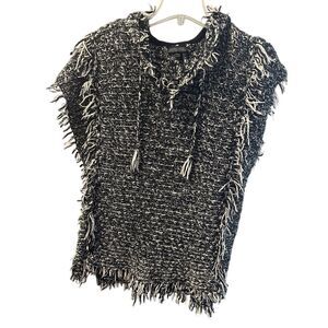 Topshop Black And White Fringe Longline Knit  BOHO Hooded Hippie Tunic sz M 8-10
